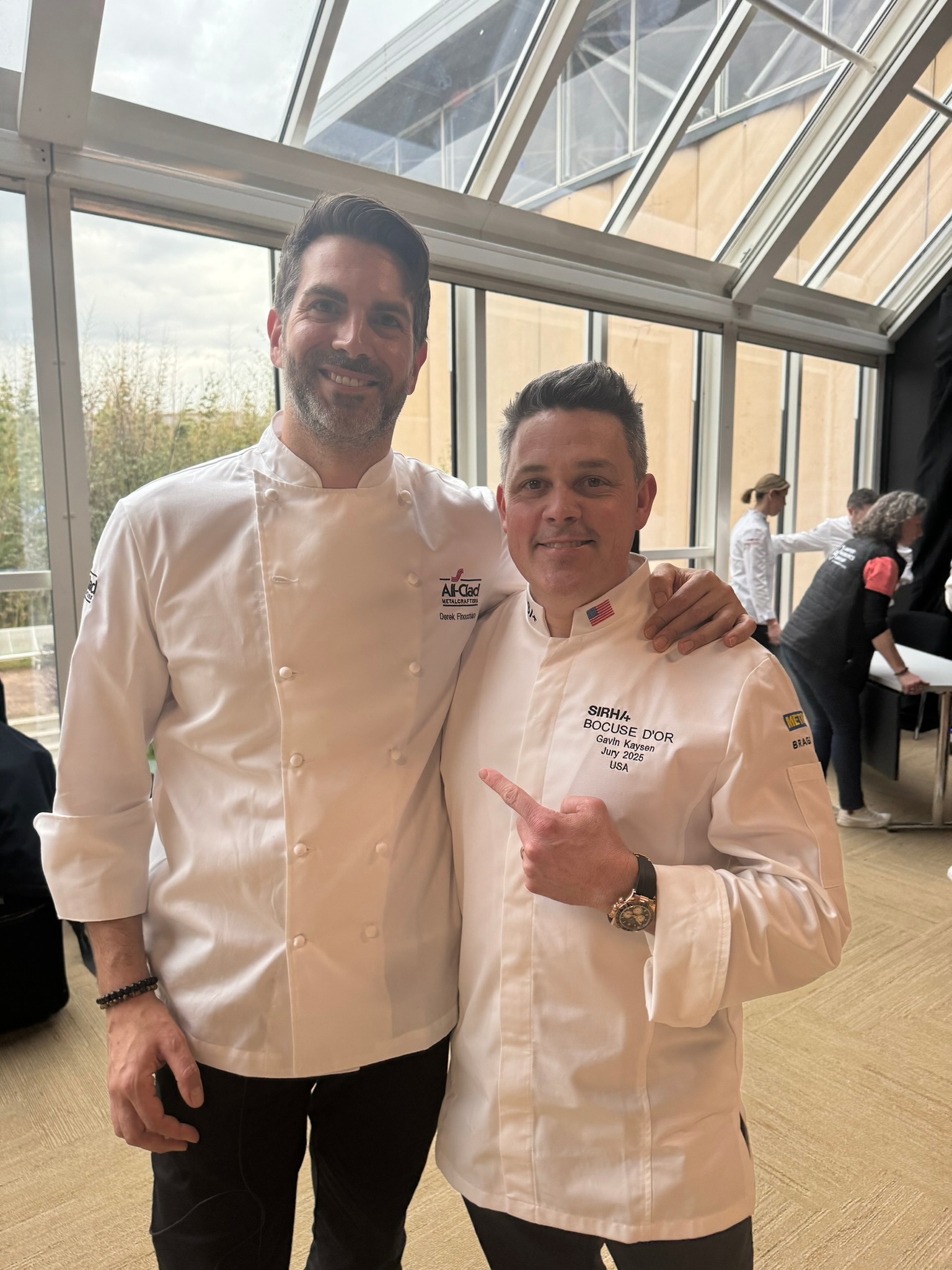 Derek Finocchiaro with Gavin Kaysen, Bocuse D'Or USA — Gavin Kaysen name badge visible